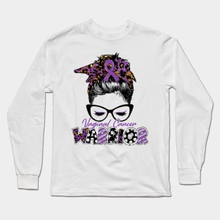 Vaginal Cancer Awareness Warrior Women Glasse Messy Bun Leopard Bandana - Happy Mothers Day, Valentines Day Long Sleeve T-Shirt